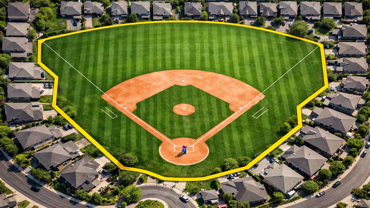Baseball field aerial view showing full land requirements