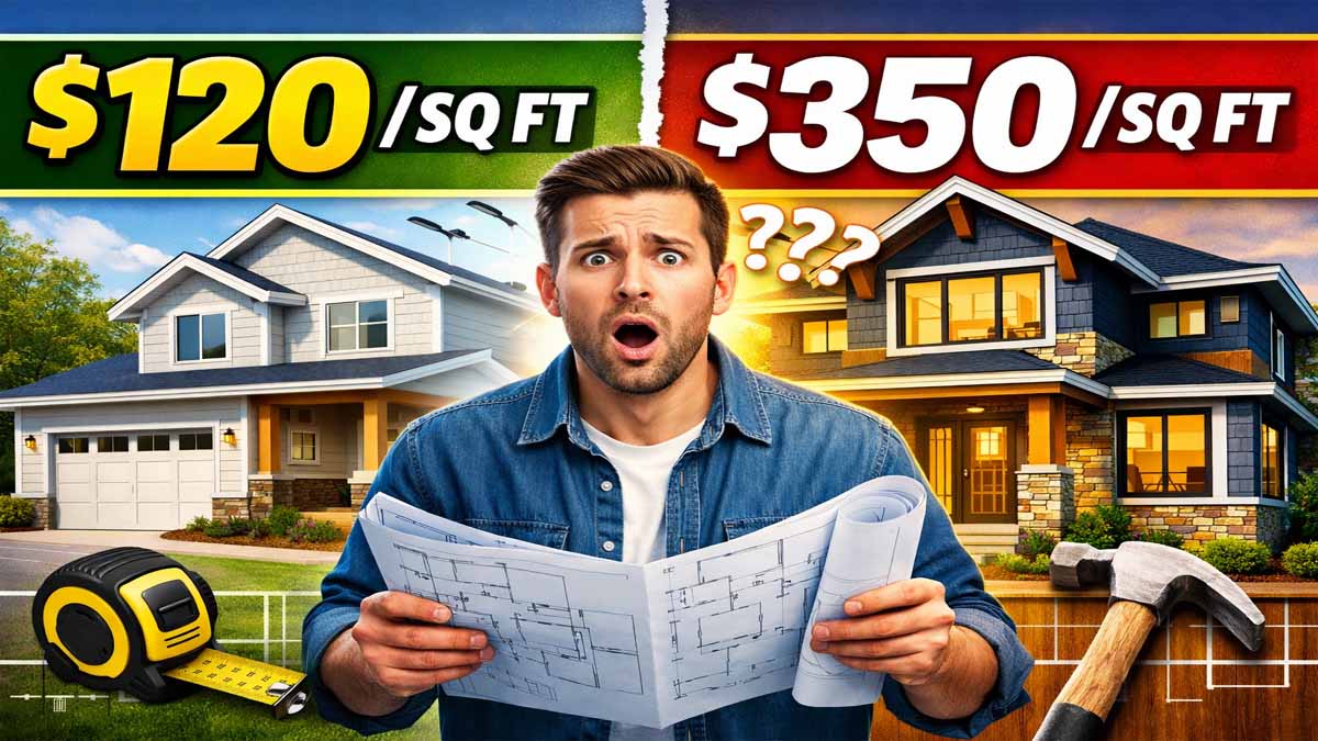 American home construction with measuring tape overlay showing cost per square foot calculations