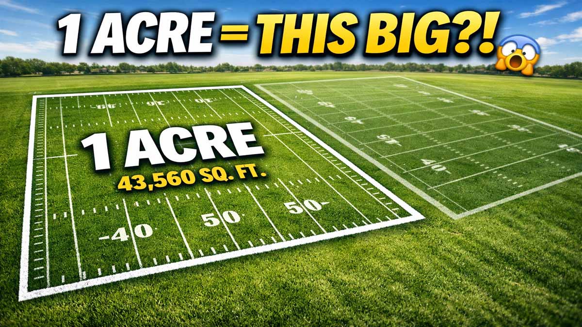 Visual guide comparing acre size to football fields and basketball courts